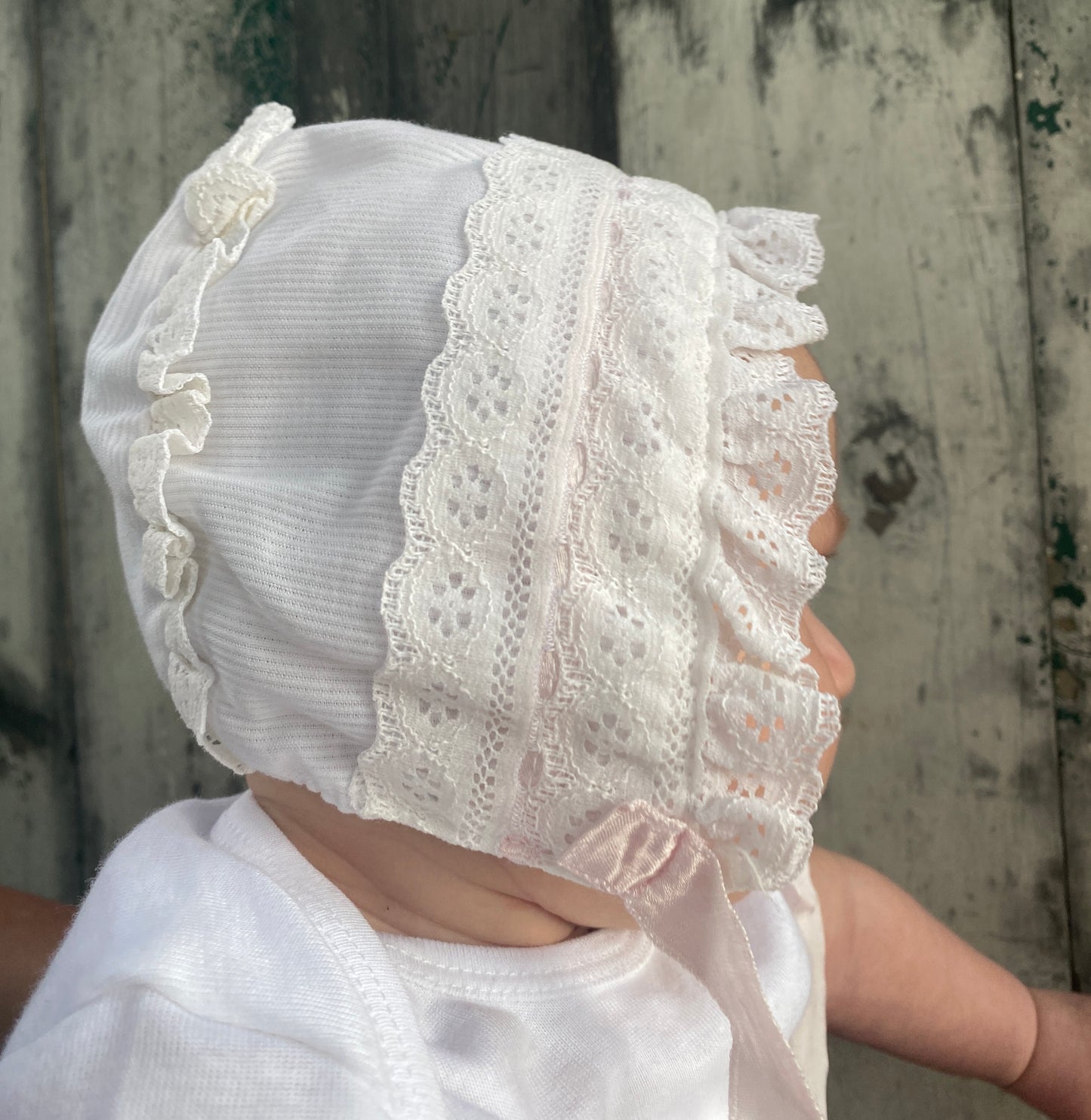 Lace Baby Bonnet with Pink Ribbon