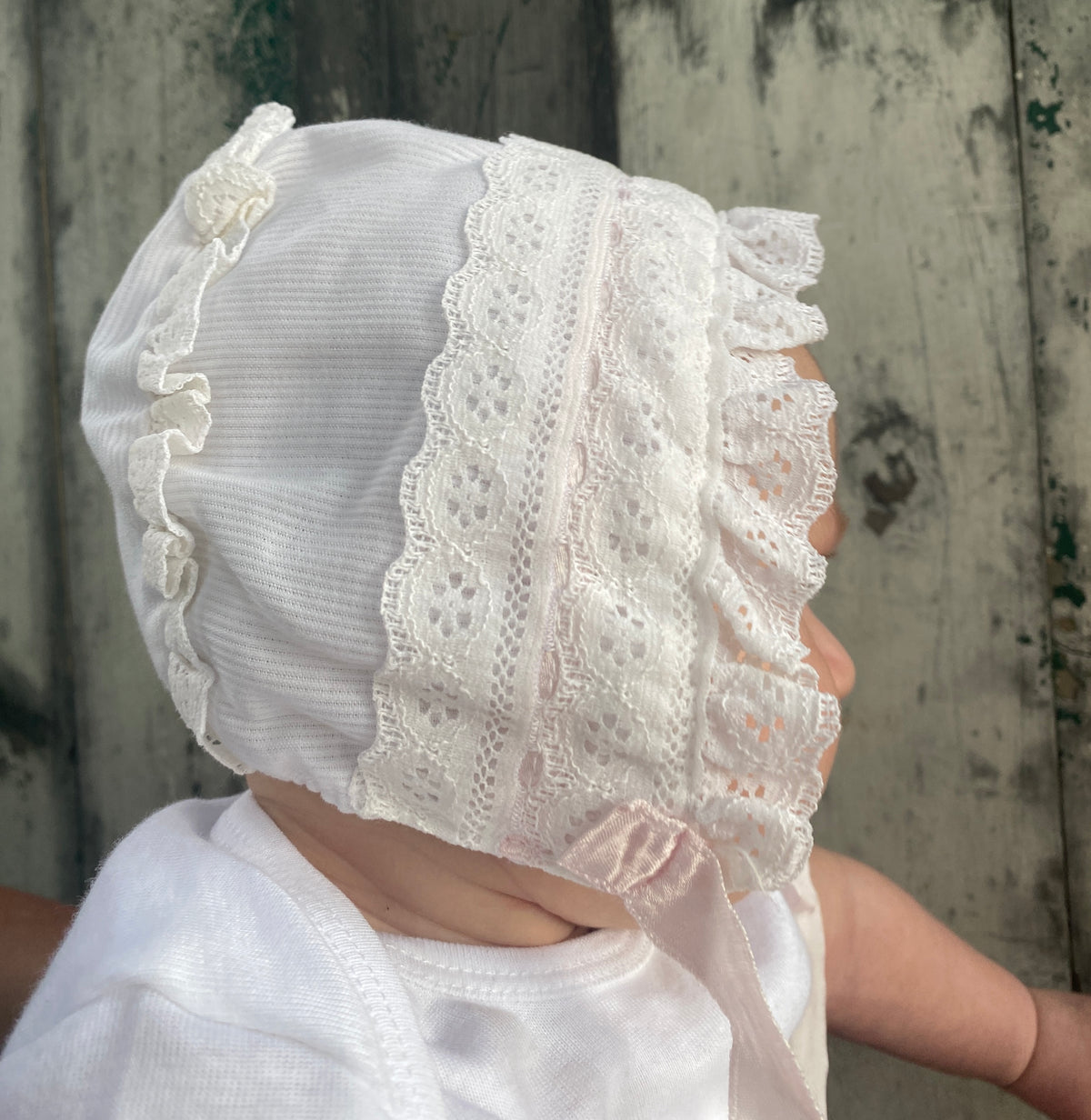 Lace Baby Bonnet with Pink Ribbon