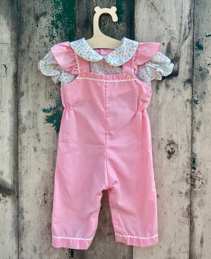 Pink Overalls with Floral Blouse
